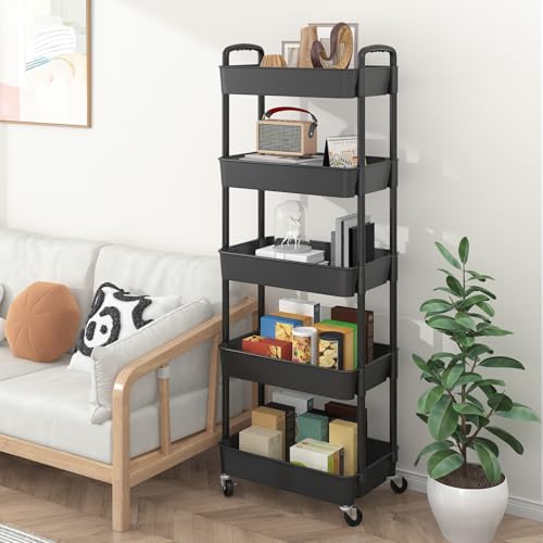 Sywhitta 5-Tier Plastic Rolling Utility Cart with Handle, Multi-Functional Storage Trolley for Office, Living Room, Kitchen, Movable Storage Organizer with Wheels, Black - color: Black, size: 5-tier