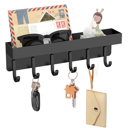 kuaima Magnetic Key Holder, Small Wall Mount Key Rack with Shelf for Fridge, 6 Metal Hooks, 9.65 Inch, 2 Installation Options, Black - color: Black