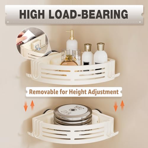 Conworld Corner Shower Caddy Suction Cups, Corner Shower Shelf With a Towel Bar, Shower Organizer Suction for Bathrooms Storage with Hooks, No-Drilling Removable (Aluminum, 2-Pack, Cream) - style: Cream
