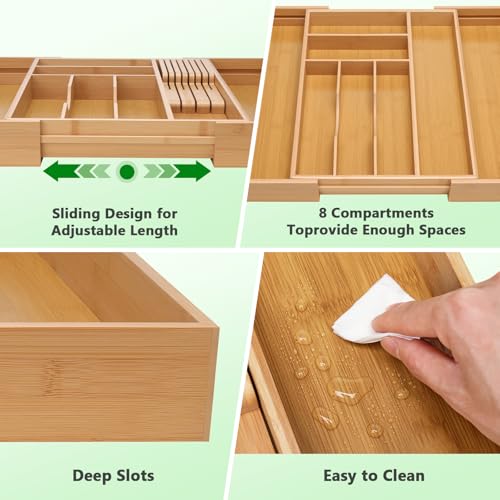 9-Piece Bamboo Kitchen Drawer Organizer Set, Expandable Silverware &Utensil Organizer with Removable Knife Block & Steak Knives, Flatware Organization, Tableware Dividers Storage(Natural) - color: Natural