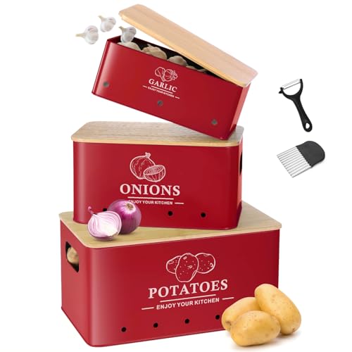 Kitchen Vegetable Storage Set of 3, Metal Onion Garlic Potato Storage Set, Kitchen Canisters Vegetable Keeper Containers with Aerating Holes and Wooden Lid (Red) - color: Red