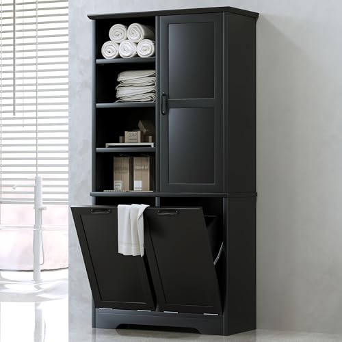 Tall Storage Cabinet with Door and Open Shelf, Multi-Functional Laundry Hamper Basket for Home Bathroom, Laundry Room, Black - color: Black