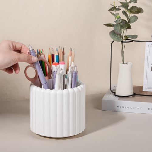 Anyoifax 360° Rotating Pen Holder 7 Slots Desk Organizer Removable Pencil Cup Plastic Art Supplies and Accessories Desktop Storage Box Caddy for Office, School, Home (White) - style: Stripe White