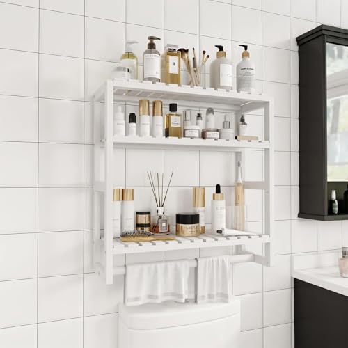 Galood Over The Toilet Storage Bathroom Shelves Wall Mounted 3 Tier Space Saver Corner Shelf Organizer Bamboo Towel Rack Toilet Paper Cabinet with Hanging Rod White - color: White 1pack, size: Large