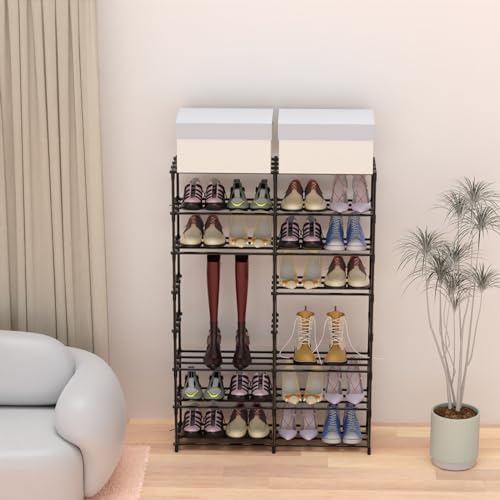 Large Shoe Rack Organizer, 2-Row 8-Tier Tall Shoe Storage Shelf for Closet, Entryway, Garage, Metal Free Standing Shoe Holder for 28-32 Pairs Shoes, Sturdy Stackable Shoe Stand for Bedroom - size: 2 Row 8 Tier