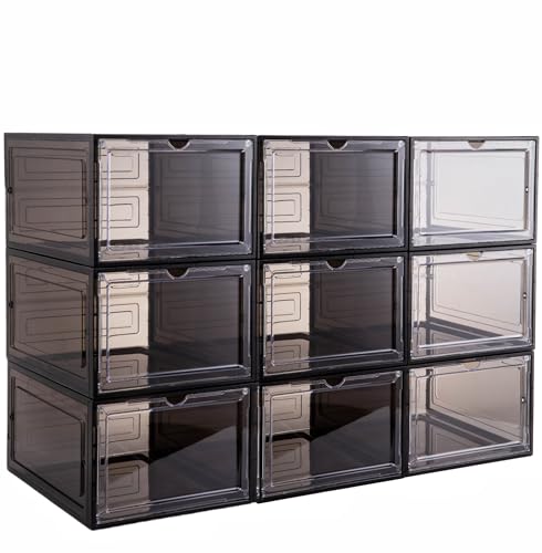 Attelite X-Large Clear Plastic Shoe Boxes - Stackable Shoe Organizer with Magnetic Door, Drop Front Display Box (9 Pack, Clear Black) - color: Clear Black, size: XL-9pcs