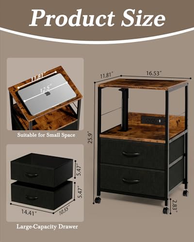 Faesun Swivel Lift Top Nightstand with Charging Station, Rolling Side Table for Recliner, Bedside Table with Wheels & 2 Fabric Drawers, for Small Spaces, for Bedroom, Living Room, Brown Black - color: Brown Black, size: 2 Drawers