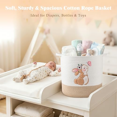 INough Large Blanket Baskets for Living Room, Bunny Baskets Toy Storage Basket Woven Cotton Rope Basket for Kids, Toys Organizer Clothes Hamper with Embroidery, Laundry Hamper Nursery Decor ( Large ) - color: Bunny, size: Large
