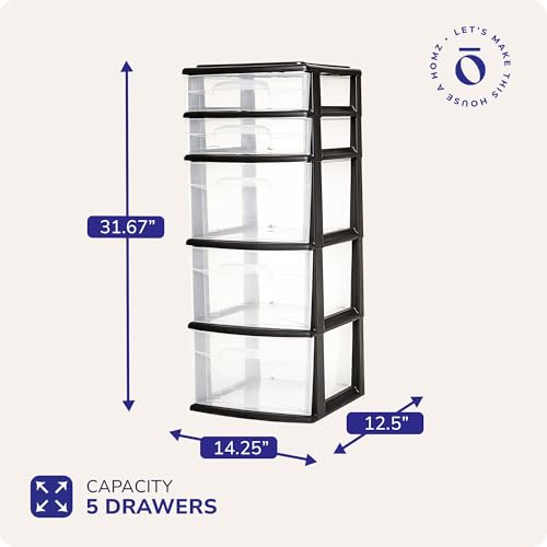 HOMZ Drawer Tower, 5-Tier Clear Plastic Storage Organizer Unit, Black Frame - Multi-Purpose Container Drawers for Home, Bathroom, and Office Organization - color: Black