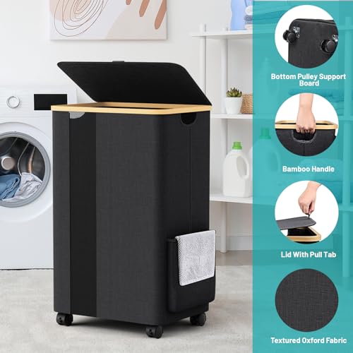 BlissTotes Laundry Basket Laundry Hamper with Lid, Collapsible Slim Laundry Hampers, Laundry Bin, Clothes Hamper Basket with Internal Support & Wheels & Handles for Bathroom, Bedroom (75L, Black) - color: Black, size: 75L