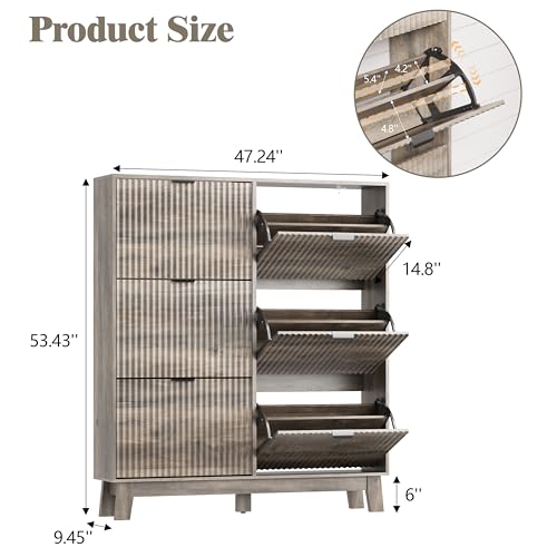 HUANLEGO Shoe Cabinet Storage for Entryway with 6 Flip Drawers, Fluted Narrow Shoe Organizer with Wooden Legs, Freestanding Slim Shoe Storage Hidden Shoe Rack Organizer for Front Door Entrance, Grey - color: Grey, size: 6 Drawer