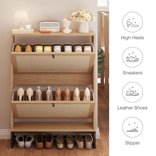 AVZEAR Narrow Shoe Storage Cabinet for Entryway with Natural Linen Panel, Freestanding Slim Shoe Cabinet with 2 Flip Drawers, Wood Shoe Organizer Closed Shoe Rack for Hallway, Living Room(Natural) - color: Natural, size: 2 Drawers Single Layer