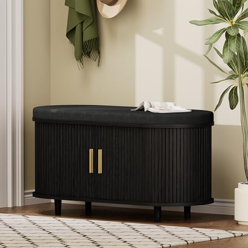 DHH 2-Tier Storage Bench,Wide Shoe Bench with Thickened Padded Seat Cushion, Mid Century Modern Fluted Sliding Door and Adjustable Shelf, for Entryway, Living Room, Bedroom (Black, 35.4“) - color: Black, size: 35.4 inch