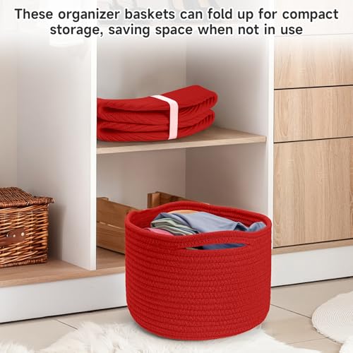 Small Rope Baskets for Storage, Baskets for Gifts Empty, Cute Round Woven Basket, Decorative Shelf Baskets 9.82×9.82×7.1", Cotton Toy Basket Storage Bins for Organizer 3 Packs-Red - color: Red-3PCS