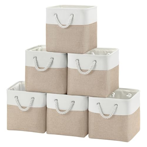 Cube Storage Bins, Collapsible Fabric Storage Cubes Bins, 11 Inch Cube Storage Bins with Handles, Foldable Storage Cubes (White/Beige, 6Pack) - color: white beige