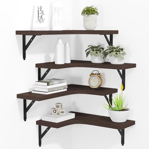 ROMGUAR CRAFT Corner Floating Shelves Wall Mounted Set of 4, Rustic Wood Storage Display Shelves for Home Decor, Bathroom, Kitchen, Bedroom, Living Room, Office (Brown) - color: Brown