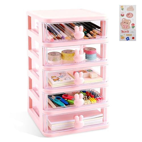 Desk Organizer with Drawer, Stackable Makeup Organizer White, Small Plastic Storage Box for Desktop, Bathroom Counter or Dresser, School, Home, Office (Pink-5 Tier) - color: Pink-5 Tier