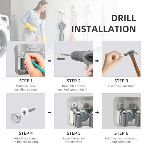 Broom Holder Wall Mount with Screws (4 Pack) Broom and Mop Organizer Wall Hanging, Anti-Slip Mop Holder Broom Hanger with Hooks, Stainless Steel Tool Rack for Garden Garage Organization - color: Black