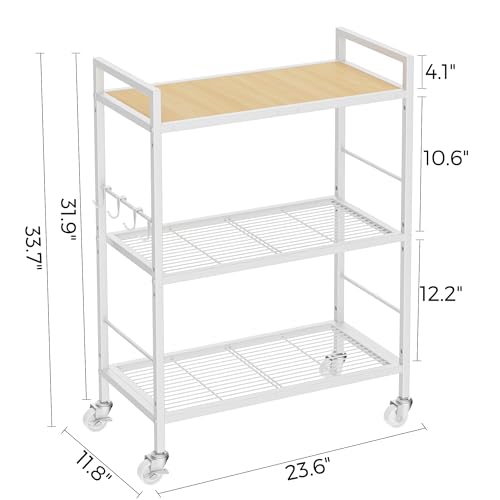 3-Tier Metal Storage Rack with Industrial Wheels,Mesh Shelving Unit with Wooden Table top,Adjustable Shelf,23.6-Inch Width,for Kitchen,Laundry,Pantry,Plant,Oak panel and white frame - color: Oak Panel, size: 3 Tier (23.6"W x 11.8"D)