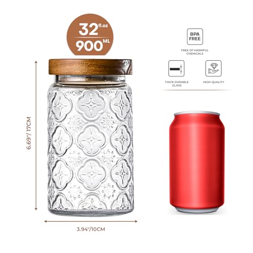 Adodeen 32oz Vintage Glass Jar With Lid, Glass Storage Containers, Airtight Kitchen Storage Containers For Sugar, Coffee, Tea, Spice, Flour, Candy Cookie, Pasta, Cereal, Cute Decorative Jars - color: Bigonia-32oz