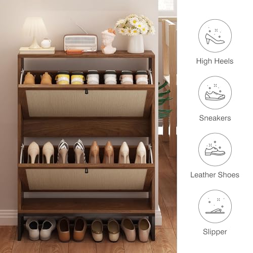 AVZEAR Freestanding Shoe Organizer with 2 Flip Drawer Doors, Entryway & Closet Shoe Storage, Linen Doors, Walnut - color: Walnut, size: 2 Drawers Single Layer