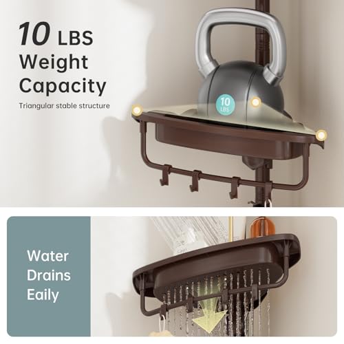 Corner Shower Caddy Tension Pole Brown Shower Caddy 18/8 Stainless Steel Rustproof 4 Tier Adjustable Shower Organizer Bathroom Shelves Storage Rack 32-122inch - color: Brown