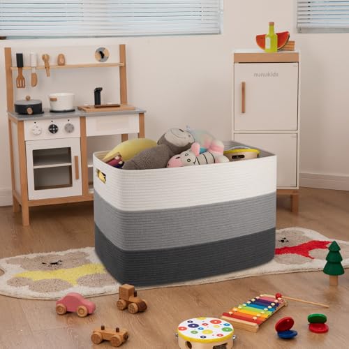 OIAHOMY 108L Super Large Blanket Basket, 25”x16”x16” Rectangle Woven Baskets for Storage, Cotton Rope Basket For Living Room, Toy Storage with Handle- Gradient Dark Grey - color: Gradient Dark Grey
