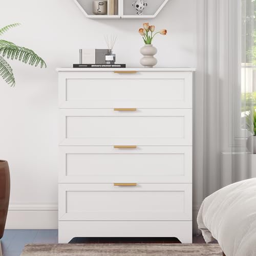 White 4 Drawer Dresser for Bedroom, Tall Bedroom Dresser with Large Drawer & Golden Handles, Wooden Storage Organizer Cabinet Chest of Drawer for Closet, Living Room, Hallway, Children's Room - color: White