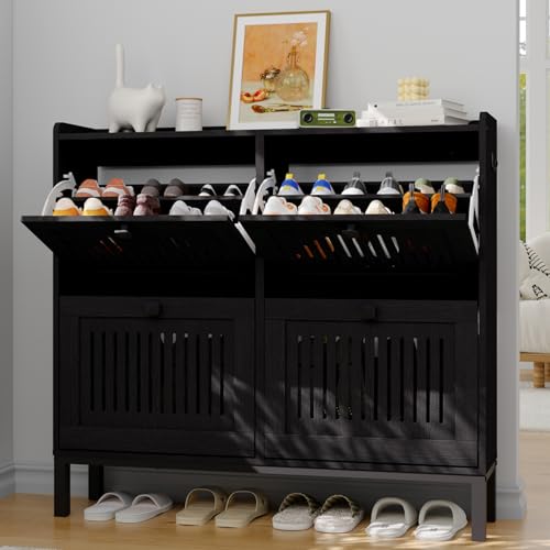 4-Door Flip Front Shoe Cabinet with Adjustable Shelves – Hidden Entryway Storage Organizer for Hallway, Foyer, Living Room – Freestanding Wooden Shoe Rack with Large Capacity & Modern Design, Black - color: Black, size: 9.45"D x 41.34"W x 37.9"H