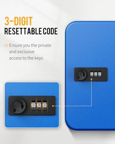 Uniclife 20 Position Key Cabinet with Combination Lock Resettable Blue Digital Security Storage Box Steel Key Organizer with Colorful Key Tag Labels Stickers and Hooks - color: Blue, size: 20 Keys