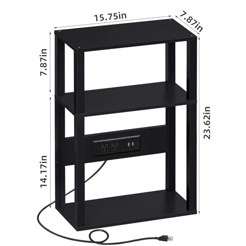 YUFAM 3-Tier Small Narrow Wood Side Table Set of 2 with Charging Station - Skinny Nightstand for Small Spaces, Slim Bedside Table with USB Ports and Outlets - Thin End Table with Storage, Black - color: Black, size: 2 Pack