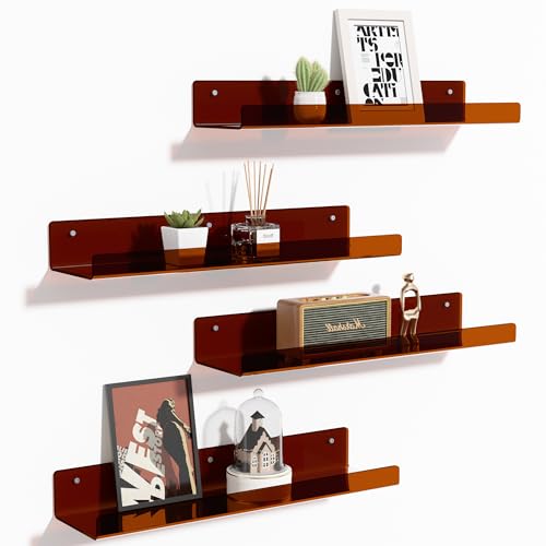 upsimples Acrylic Shelves for Wall Decor, 15" Display Shelf Perfume Organizer for Bathroom, Bedroom, Living Room, Floating Bookshelves for Kids, Clear Brown, 4 Pack - color: Brown