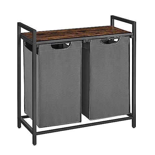 VASAGLE Laundry Hamper, Laundry Basket, Laundry Sorter with 2 Pull-Out and Removable Bags, Shelf, Metal Frame, 2 x 12.1 Gallons (46 L), 28.8 x 13 x 28.4 Inches, Slate Gray and Rustic Brown UBLH201G01 - color: Slate Gray + Rustic Brown, size: 2 Bags - 92 L