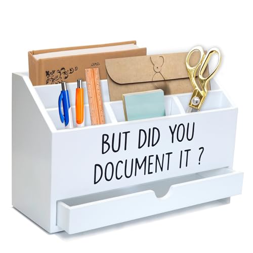 EXQUIDECA Wooden White Rustic Countertop Mail Storage Holder with Drawer and Compartments - Office Desk Accessories and Workspace Organizers - Desktop Sorter for Pen Stationery Letter Files Documents - color: White storage box
