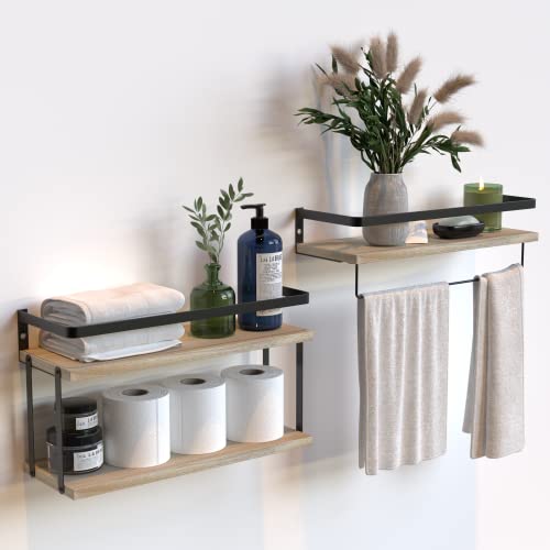 RICHER HOUSE 2+1 Tier Wall Mounted Floating Shelves Set of 2, Rustic Wood Wall Shelf with Metal Frame, Extra Storage Rack for Bathroom, Kitchen, Bedroom with Tissue Rack & Towel Bar - Rustic Wood - color: Rustic Wood, size: 2+1 Tier Size