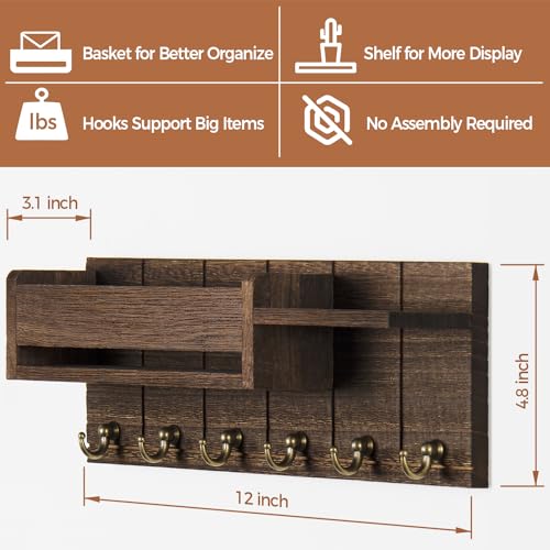 RelaxScene Key Holder Wall Mount - Decorative Key Rack and Mail Organizer with 6 Key Hooks - Wooden Key Hanger with Shelf for Living Room Decor - Rustic Farmhouse Home Entryway Aesthetic Essentials - color: Brown, size: M(12''x4.8'')