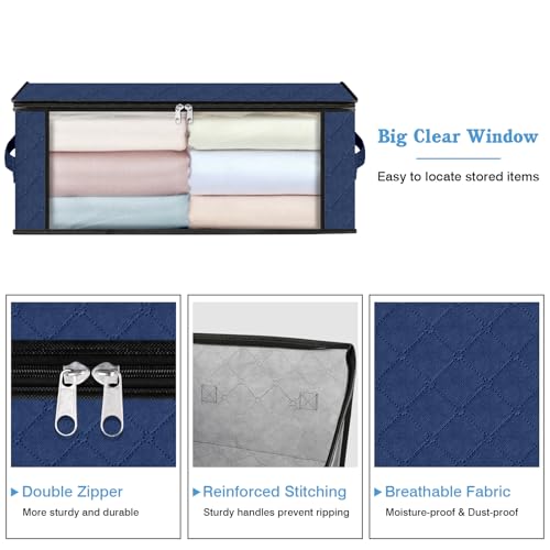 HomeHacks Storage 3-Pack Clothes Organizer Storage Bags Foldable Storage Box with Large Clear Window Sturdy Handles for Closet, Dorm, Pillows, Bedding, Clothes, Blankets, 35L, Blue - color: Blue