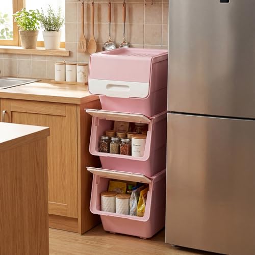 Giantex Plastic Stackable Storage Bins with Lids & Wheels, 3 Pack Open Front Stacking Bins, Organizer Bins for Pantry, Kitchen, Laundry, Closet, Playroom, Bedroom Organization (12.5 QT) - color: White + Pink, size: 3 Pack, 12.5 QT