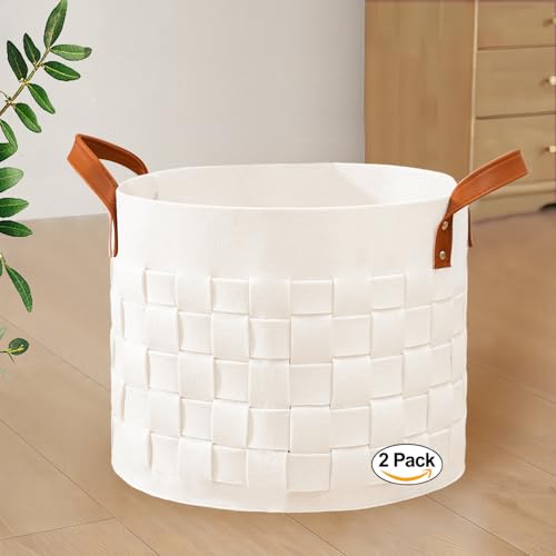 BOLDMONKEY Blankets Basket 15" x15 " x13 " 2 Pack, Round Laundry Hamper with Leather Handle, Soft Dog Toy Basket for Storage-Beige - color: Beige