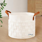 BOLDMONKEY Blankets Basket 15" x15 " x13 " 2 Pack, Round Laundry Hamper with Leather Handle, Soft Dog Toy Basket for Storage-Beige - color: Beige