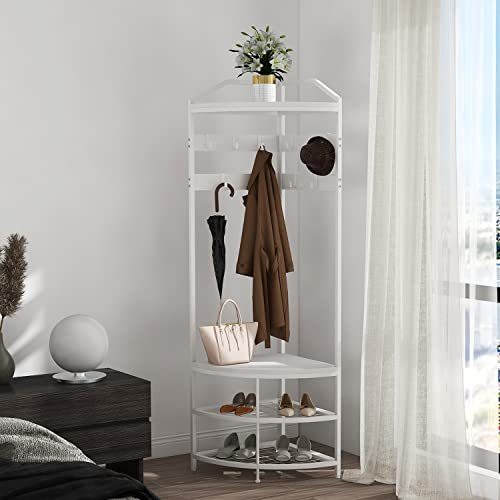 GiftGo Corner Hall Tree with Shoe Bench Entryway Coat Rack with 10 Metal Movable Hooks Freestanding Clothes Rack Shoes Shelf Organizer for Home Office Bedroom (White) - color: White