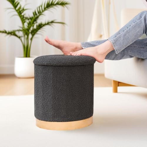 15" Round Storage Ottoman,Boucle Foot Rest/Seating/Storage for Small Space-Living Room/Bedroom/Dorm-Dark Grey - color: Dark Grey
