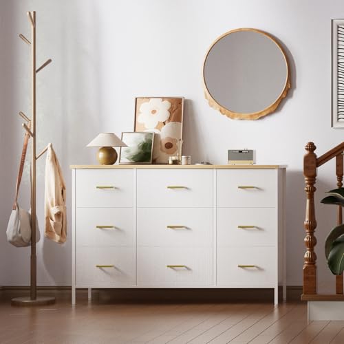 VASICAR Wide TV Stand Modern TV Console, 9 Drawers Dresser for Bedroom, Fabric Storage Cabinet, Chest of Drawers for Closet, Nursery, Living Room（Classic White） - color: White-retro Top