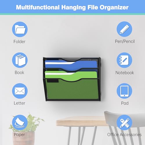 Kuntine.B Wall File Organizer Office Hanging Magazine Holder Wall File Organizer for Office Home (Black, 3 Tier & Hangers) - color: Black, size: 3 Tier & Hangers