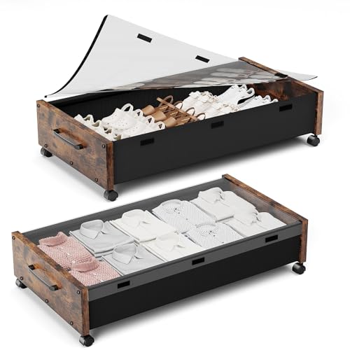 Under Bed Storage with Wheels, Rolling Underbed Storage Drawers, Wooden Under the Bed Storage with Remove Lid, Large Metal Storage Bins for Shoes Blankets Clothes Bedrooms Dorms (Vintage Brown-2pack) - color: Vintage Brown-2pack