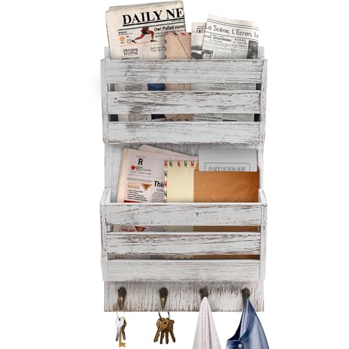 Mail Organizer Wall Mount with 4 Key Hooks, Rustic Wooden Hanging Mail Sorter Farmhouse Key Holder for Wall Decoration, 2-Slot Wall File and Magazines Bill Letter Holder - color: Vintage White