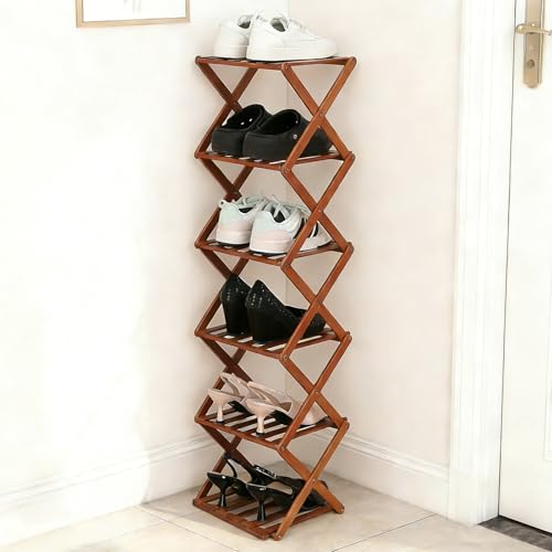 Bamboo Shoe Rack 6 Tier Foldable Shoe Rack Narrow Vertical Shoe Organizer Free Standing Shelf, Multifunctional Slim Storage for Entryway, Corner, Bedroom, Hallway, Walnut Color - color: Walnut Color, size: 6-tier