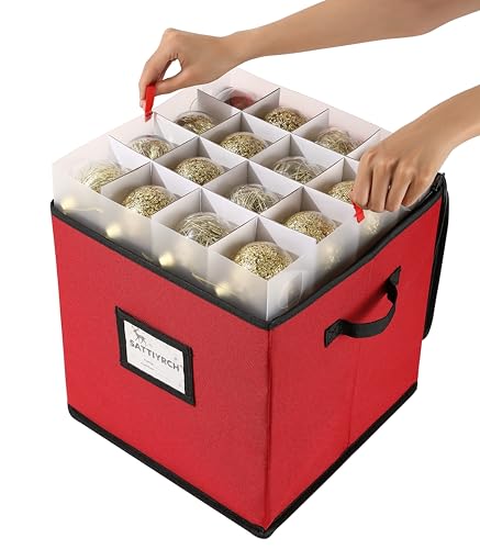 Sattiyrch Christmas Ornament Storage Box,4 Trays with Customizable Dividers,Canvas,Dust-Proof, Holds Up to 64 x 2.36 Ornaments, for Garage/Attic/Basement Storage - size: 64 pcs with Trays
