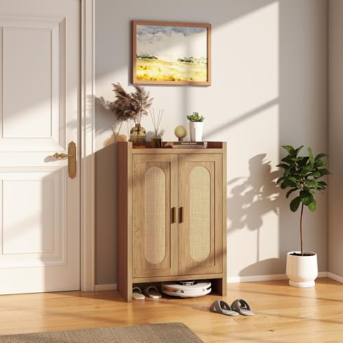 Panana 5 Layer Farmhouse Style Shoe Cabinet, Wooden Freestanding Shoe Rack with 2 Doors and Adjustable Shelves, Shoe Storage Organizer for Entryway Hallway Closet (Rattan Brown, 6 Tier) - color: Rattan Brown, size: 6 Tier