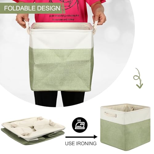 meekoo 8 Pack Collapsible Storage Bins Fabric Storage Bins Polyester Fabric Baskets with Handles Linen Closet Organizer for Shelf Home Closet Towels Toys(12 x 12 x 12 in,Green White) - color: Green White, size: 12 x 12 x 12 In